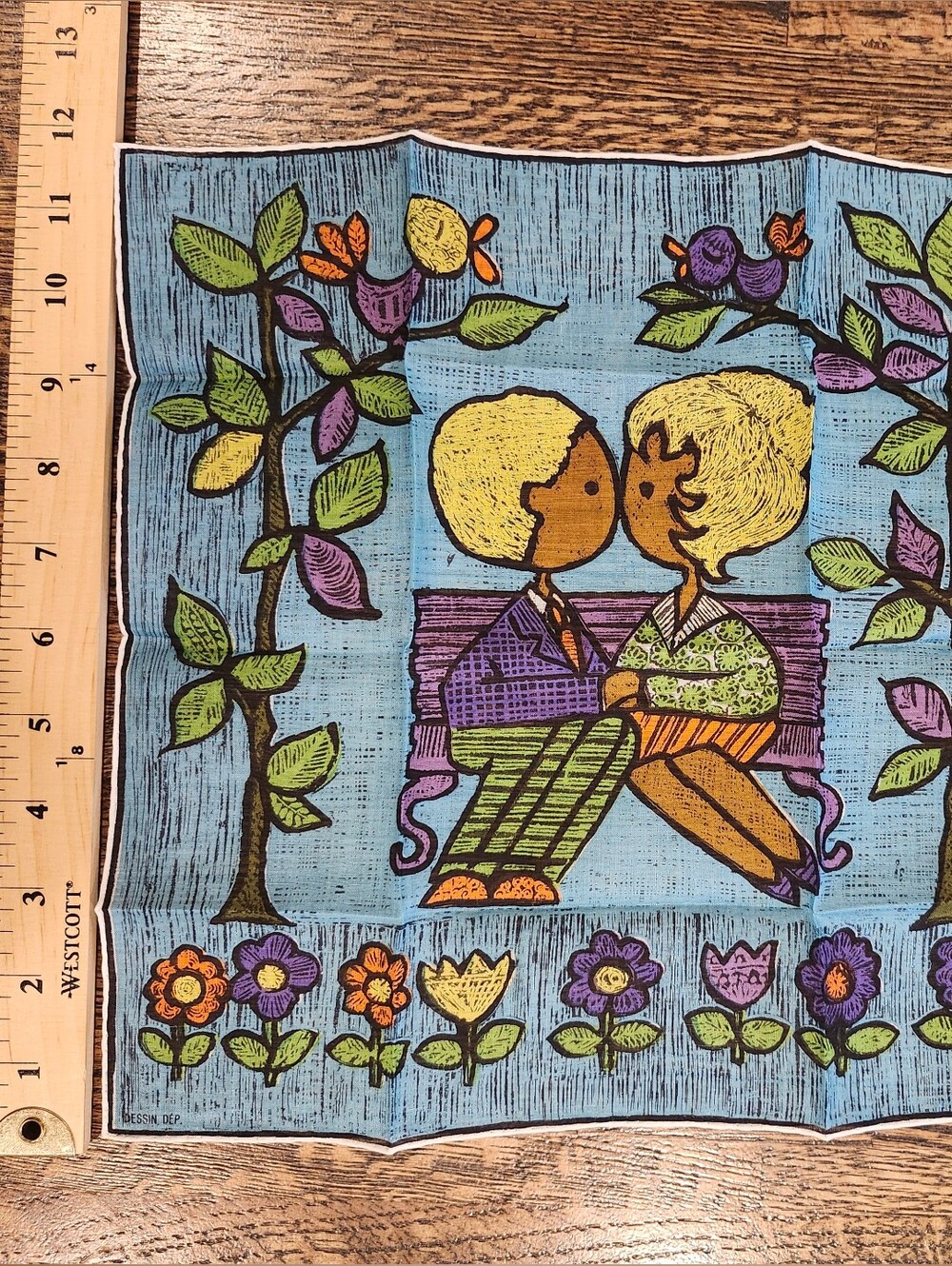NWT Vintage 1960s Kreier Dessin Depose Vibrant Couple Kissing Handkerchief 12x12